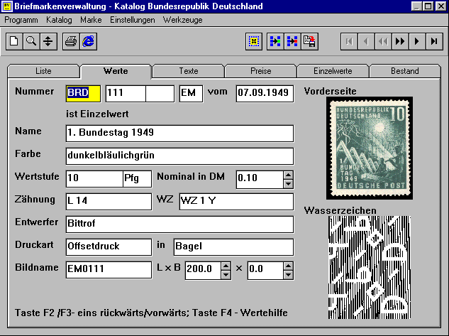 Screenshot vom Programm: Briefmarkenverwaltung WBV Free